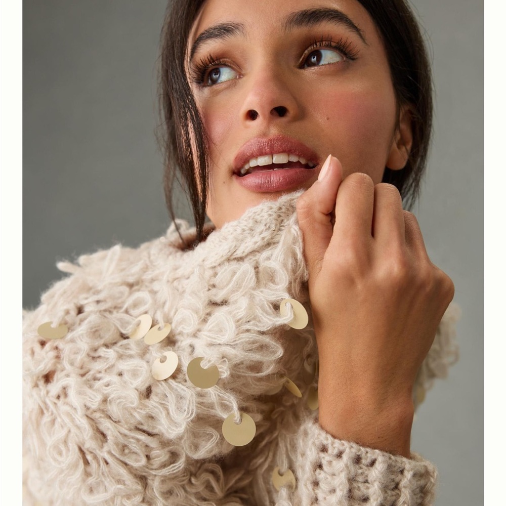 Anthropologie In Things Loop-Crochet Cardigan beige one size open front cardigan